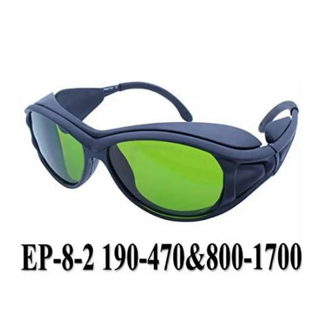 Kickass Wide Spectrum Laser Safety Glasses Offering Hella Tough OD5 Protection And Industrial Pc Lens Build For Complete 190 Nm To 1700 Nm Eye Coverage, side view with green lenses.