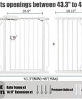 Dimensions and components of Extra Wide Baby Gate 43.3 To 48 Inches Tension Mounted Safety Gate For Kids And Pets Walk Through White Metal 30 Inch Tall With Extensions For Doorways Stairs Kitchens And Hallways.