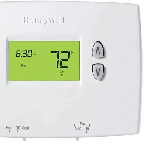 Programmable 7 Day Thermostat With 4 Daily Programs, Easy To Use, Precise Temperature Control Within One Degree Fahrenheit For All Day Comfort, Energy Saving Mode To Slash Bills And Keep You Cozy. White digital thermostat display showing 72°F with buttons.
