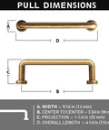 Diagram of the Set Of 12 SleekTouch Antique Brass Cabinet Pulls, 3 3/4 Inch Center To Center, showing dimensions and features.