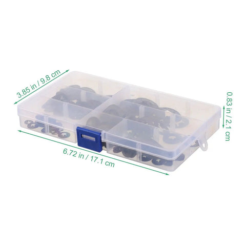 Internal Tooth Lock Washers Push On Clips Fasteners Assortment Kit 340 Pieces in transparent case with dimensions