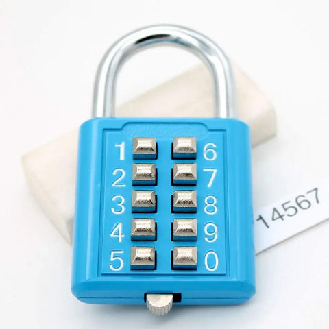 Blue 10 Dial Button Combination Padlock with 5 Position Locking Mechanism, easy to use, kid-friendly, no key hassles, outdoor security tool