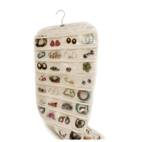 Keep Your Jewels In Check with This Double Sided Hanging Jewelry Organizer Featuring 80 Transparent Pockets for Earrings Necklaces and Bracelets made from Durable Nonwoven Fabric Super Lightweight and Travel Ready Perfect Wardrobe Closet Stash Solution, showcasing organized jewelry in clear pockets.