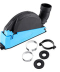 Rugged Universal Angle Grinder Dust Collection Shroud For 4 To 5 Inch Grinders featuring a black and blue design with mounting accessories.