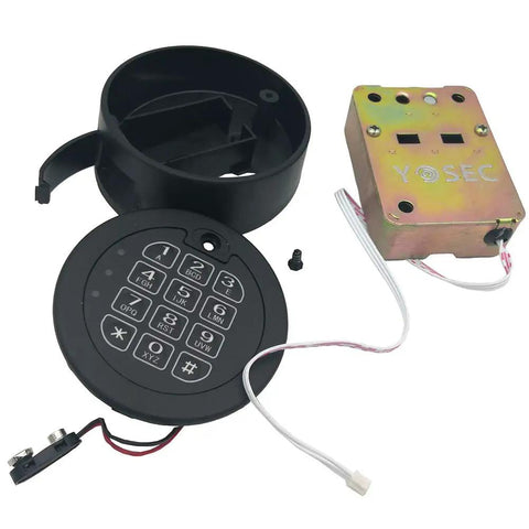 Tough As Nails Electronic Gun Safe Lock With Digital Keypad Time Delay Mode showing the keypad, black casing, and metal mechanism.