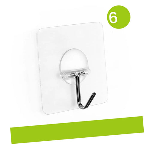 Super Tough Clear Adhesive Wall Hooks 12 Pack Stainless Steel with clear backing, ideal for kitchen and bedroom use.
