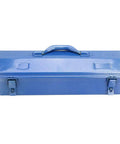Heavy Duty Iron Tool Chest Organizer With Secure Padlock Clasp And Dual Carry Grips in blue, viewed from the top.
