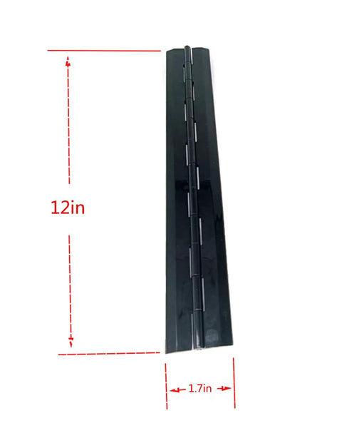 Top Shelf Acrylic Continuous Piano Hinges 12 Inch Black 2 Piece Set for Clear Display Cases, showing 12-inch hinge dimensions.