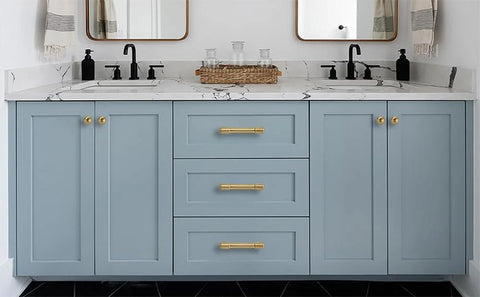 Blue bathroom cabinets with Champagne Bronze Cabinet Knobs 4 Pack, 1 Inch Single Hole Dresser Drawer Pulls For Bathrooms.