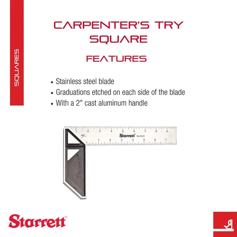 Carpenter's Try Square With Etched Graduations 8 Inch Stainless Blade Pro Grade And 2 Inch Cast Aluminum Handle features