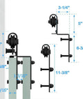 Heavy Duty Bypass Barn Door Slides Hardware Kit For Double Doors Featuring Rock Solid Steel J Track With Smooth As Butter Glide Rollers In Classic Black Finish, size and dimensions detailed.