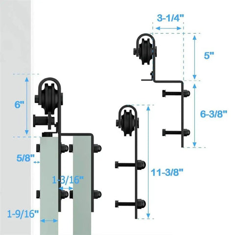 Detailed measurements of Heavy Duty Bypass Barn Door Hardware Kit With Smooth Sliding Track System and Slick J Shaped Roller Rails for Double Doors.