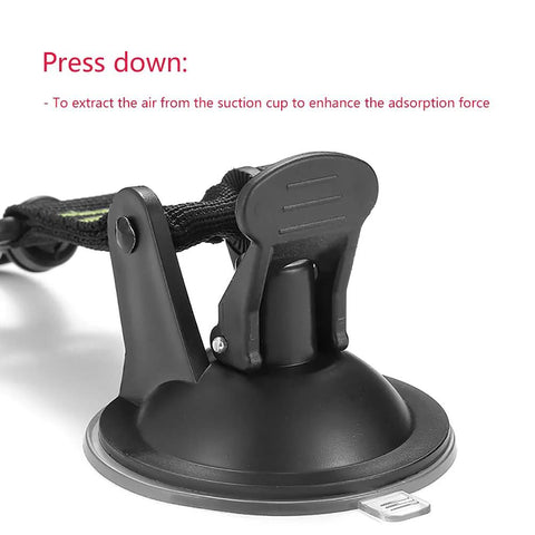 Side view of black Heavy Duty Suction Cup Anchors With Securing Hook, shown attached with hook and strap.