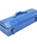 Heavy Duty Iron Tool Chest Organizer With Secure Padlock Clasp And Dual Carry Grips, blue metal toolbox side view.