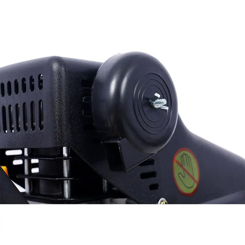 Heavy Duty 13 Gallon Air Compressor With Powerful 4.5HP Oil-Lubricated Motor And 115 Psi Horizontal Tank for garage, showing wheel and safety symbol.