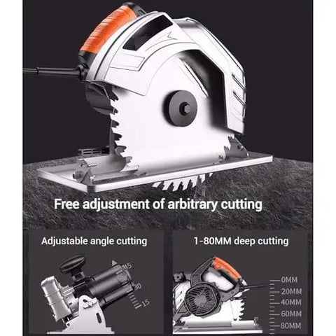 Pro Grade Electric Circular Saw With Aluminum Body For Portable Woodworking Projects showing adjustable cutting depth and angle.