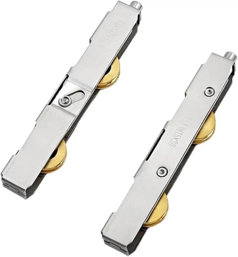 Built Different Stainless Steel Sliding Door Rollers featuring Hella Smooth Glide Shower Pulley hardware with double wheel bearing setup.