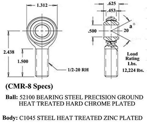 1/2-Inch 1/2-20 Rod End Kit with 4 Right Hand and 4 Left Hand Heim Joints Featuring 12 Ton Load Rating Heat Treated Steel Construction Includes 8 Pair High Misalignment Spacers and Jam Nuts for Custom Rig Builds, detailed specs diagram for precision and use.