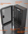 Interior view of Badass EV Charger Pedestal with heavy duty galvanized steel, showing panel features and storage options.