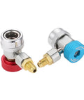 R134a Automotive Air Conditioning Tool Set Includes Kickass Quick Coupler Adapters, red and blue heavy brass couplers for AC systems.