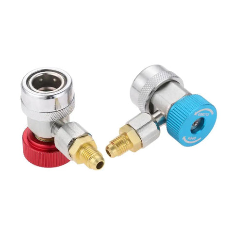 R134a Automotive Air Conditioning Tool Set Includes Kickass Quick Coupler Adapters, red and blue heavy brass couplers for AC systems.