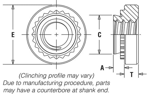 Technical drawing of 25 Pack Self-Clinching Nuts Press-In Sheet Metal Fasteners Stainless Steel with dimensions shown.