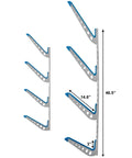 Heavy Duty Multi Level Water Ski Wall Rack Secures Four Pairs Of Skis Wakeboards And Wakesurfers With Scratch Free Padded Arms, gray and blue design.
