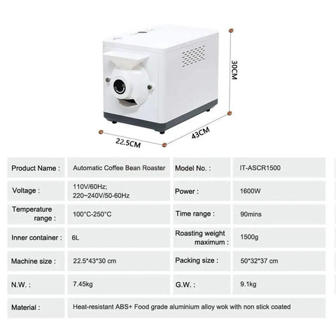 Top Shelf Automatic Electric Coffee Bean Roaster Machine With Hella Fast Rolling Stir Fry For Home Nuts And Peanuts Featuring Solid 90 Min Timer And Precise 100 To 250 Degree Heat Control For 1.5 Kilogram Capacity shown with dimensions and material details.