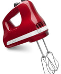 Heavy Duty Badass Power Five Speed Hand Mixer With Twist And Lock Cord Design For No Sweat Mixing And Slick Gliding Handles In Empire Red Finish, angled view.