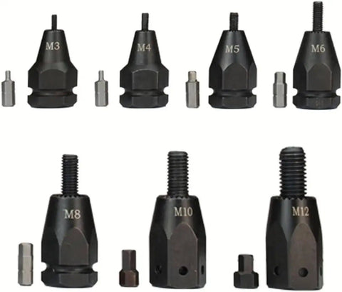 M3 to M12 adapter set for Heavy Duty Cordless Electric Rivet Nut Gun featuring automatic pull action and tough construction.