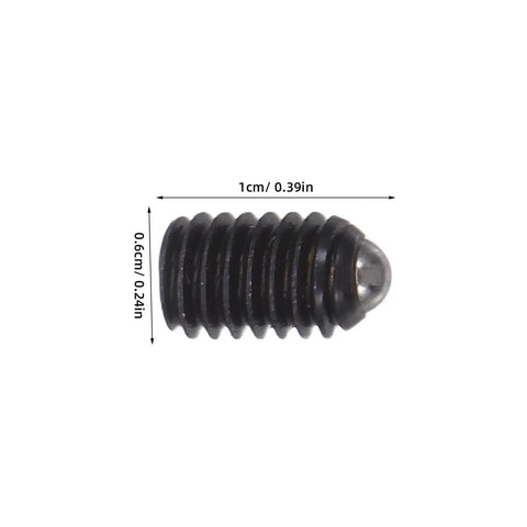 Rock Solid 50 Pack M4x6 Stainless Steel Ball Plunger Screws With Hex Socket For Cabinet Doors And Clamps Hassle Free Quick Setup Built Tough Top Shelf Hardware, close-up view of a black ball plunger screw.