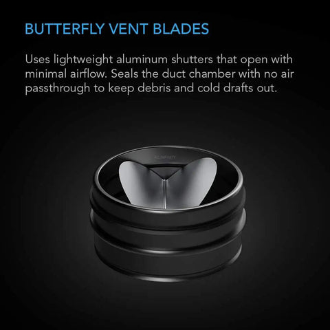 4 Inch Backdraft Damper Duct Insert With Spring Loaded Folding Blades For 4 Inch Ducts In Range Hoods And Bathroom Fans No Backflow One Way Airflow With Airtight Gasket Seal Mounts Horizontal Or Vertical shown with butterfly vent blades
