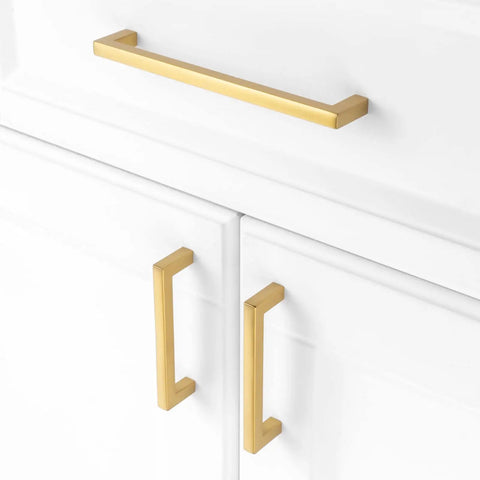 Top Shelf 10 Pack Brushed Gold Cabinet Pulls 5 Inch Square Bar Drawer Handles on white cabinets.