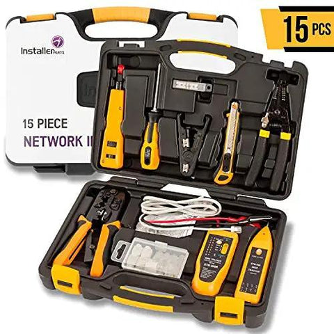 Badass 15-In-1 Network Tool Kit 2 Pack Heavy Duty Ethernet Crimper for Cat5 Cat6 Cables with Builder Tester Wire Stripper Punch Down Screwdriver Durable Carry Case, organized display of tools in case.