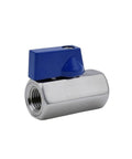 SS304 Stainless Steel Mini Ball Valve With Smooth Quick Turn Handle For Rock Solid Pipeline Control Featuring Tight Leak Proof Seals And Hella Durable BSP NPT Threaded Connections That Make Fluid Shut Off A Total Breeze angled view showing blue handle and threaded connection.