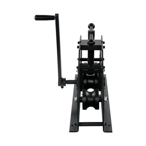 Heavy-Duty Tube Roller Bender Braking Machine With Handle For Precise Metal Pipe Bending In Repair Shops And Industrial Settings Made From Durable #45 Steel. Front view with crank handle.