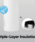 Top Tier Insulated Stainless Steel Water Bottle 32 Oz With Chill FreeSip Dual Drink Modes Secure Push Button Lock Lid close-up of triple-layer insulation