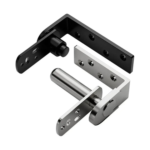 Stainless Steel Pivot Door Hinges Heavy Duty Adjustable Up Down Concealed Locking Plate Fit For Smooth Cabinet And Room Swings with black and silver finish.