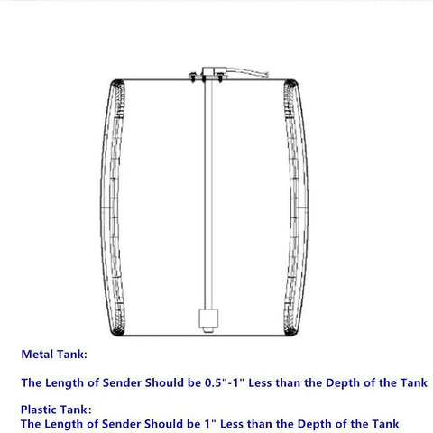 Diagram showing length guidelines for Heavy Duty Marine Fuel Sending Unit 240 To 33 Ohms for metal and plastic tanks.