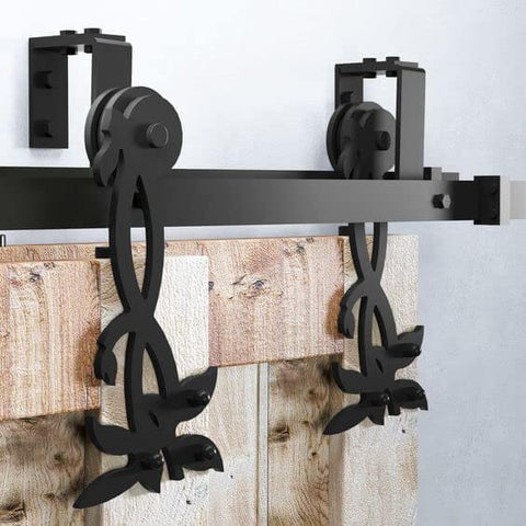 Black Rustic Double Track U Shape Bypass Sliding Barn Door Hardware Kit for Two Doors With 15ft Flat Track and Flower Design Rollers