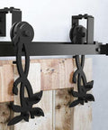 Black Rustic Double Track U Shape Bypass Sliding Barn Door Hardware Kit for Two Doors With 15ft Flat Track and Flower Design Rollers