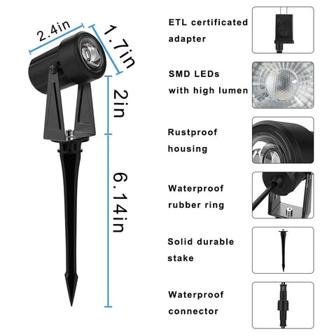 Low Voltage LED Landscape Lights Kit With Transformer IP65 Waterproof Outdoor Spotlight Set diagram showing dimensions and features