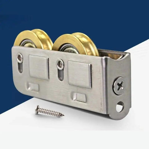 Runs Like A Dream Heavy Duty Sliding Door And Window Pulleys Featuring Dual Bearings stainless steel roller hardware with gold wheels.