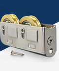 Smooth As Butter Sliding Door And Window Pulley Kit With Heavy Duty Double Bearings For Aluminum Frames Quick Fix Stainless Steel Hardware 4 Piece Set showing stainless steel pulley with double bearings.