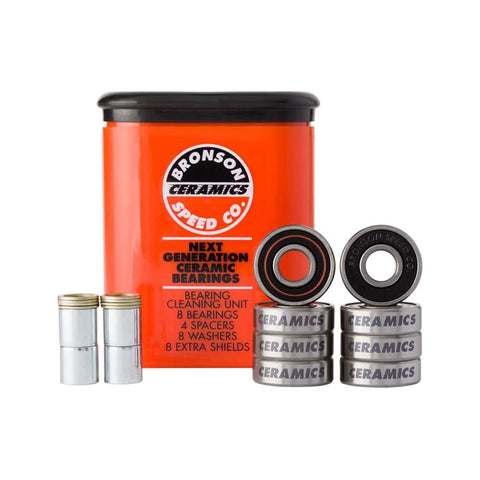 Front view of Bronson Ceramic skateboard bearings kit in orange tin with eight bearings, spacers and washers.