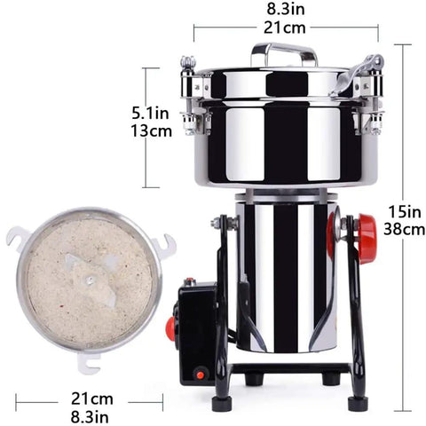 Heavy Duty Grain Grinder Electric Stainless Steel Pulverizer with dimensions, 1000g Capacity, 35000 RPM, 3000W Beast Kitchen Grinder.