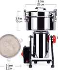 Front view of Heavy Duty Grain Grinder Electric Stainless Steel Pulverizer with 1000g capacity and 35000 RPM, showing dimensions.