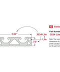 Top Shelf Three By Three Quarter T Slotted Aluminum Extrusion Bar With Six Open Channels For Custom Rig Buildouts Smooth Linear Motion Paths And Track Saw Guides Finished In Durable Black Anodized Coating Measuring Thirty Six Inches, showing dimensions and profile details.