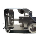 Badass 750W Brushless Belt Sander And Grinder With Rotatable Stand for DIY Woodworking showing metal frame and adjustable rollers.