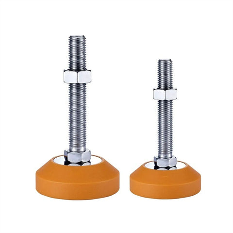 Rock Solid Adjustable Leveling Feet Four Pack Built Tough Carbon Steel Threaded Lifts with Grippy Rubber Bottoms for Heavy Equipment And Work Benches No Fuss Easy Install Stands Firm On Uneven Ground, showing two sizes of feet.